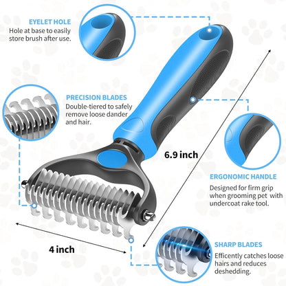 Pet Grooming Combo - Blue Deshedding Brush with Metal Comb for Detangling and Dematting Long, Matted Fur on Cats and Dogs