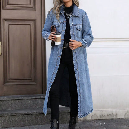 Denim Coats Moto Biker Jeans for Women Long Jackets Pocket Long Sleeves Single Breasted Loose Casual Y2K 2025 Autumn Winter
