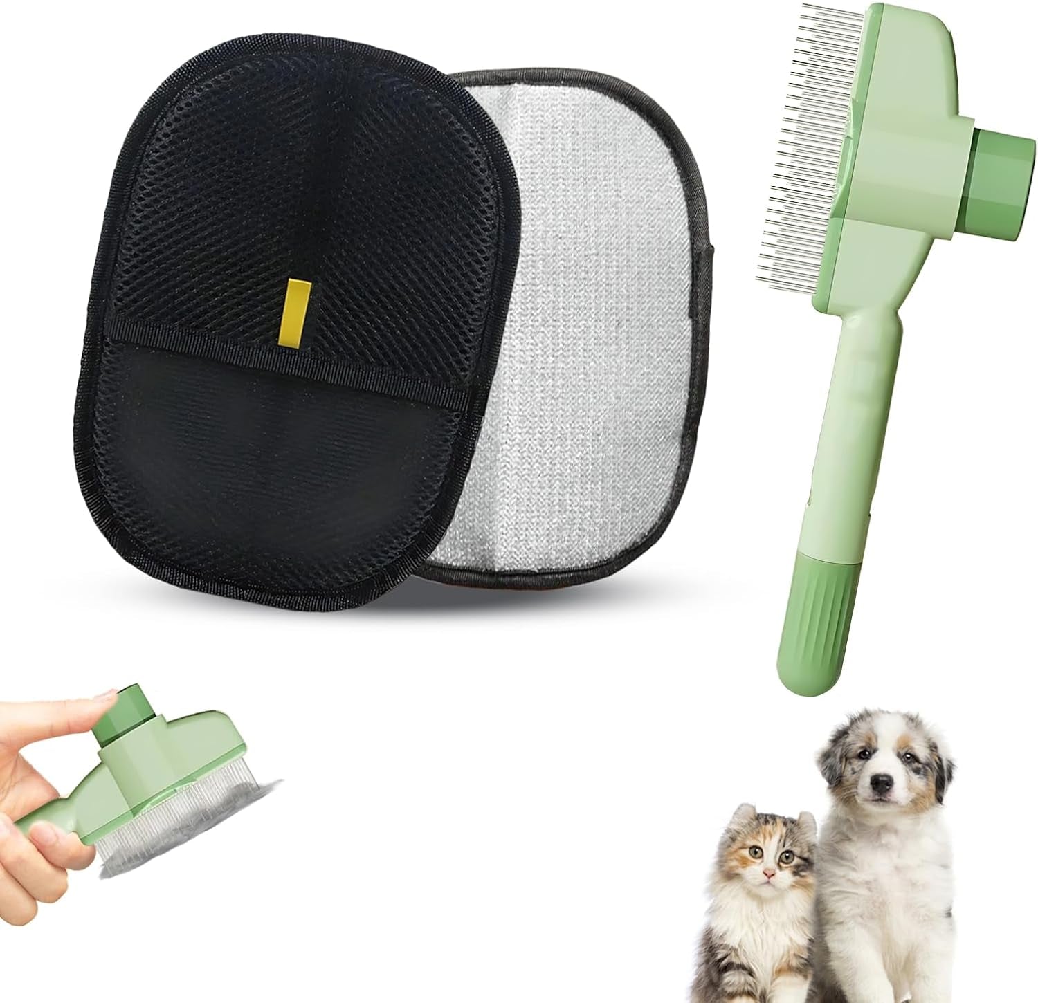 2PCS Pet Hair Remover Glove with Comb, Electrostatic Pet Hair Removal Glove for Dog Cat Grooming, Furniture and Car Seat Cleaning, Black Deshedding Gloves with Green Comb, Dog Washing Gloves