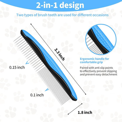 Pet Grooming Combo - Blue Deshedding Brush with Metal Comb for Detangling and Dematting Long, Matted Fur on Cats and Dogs