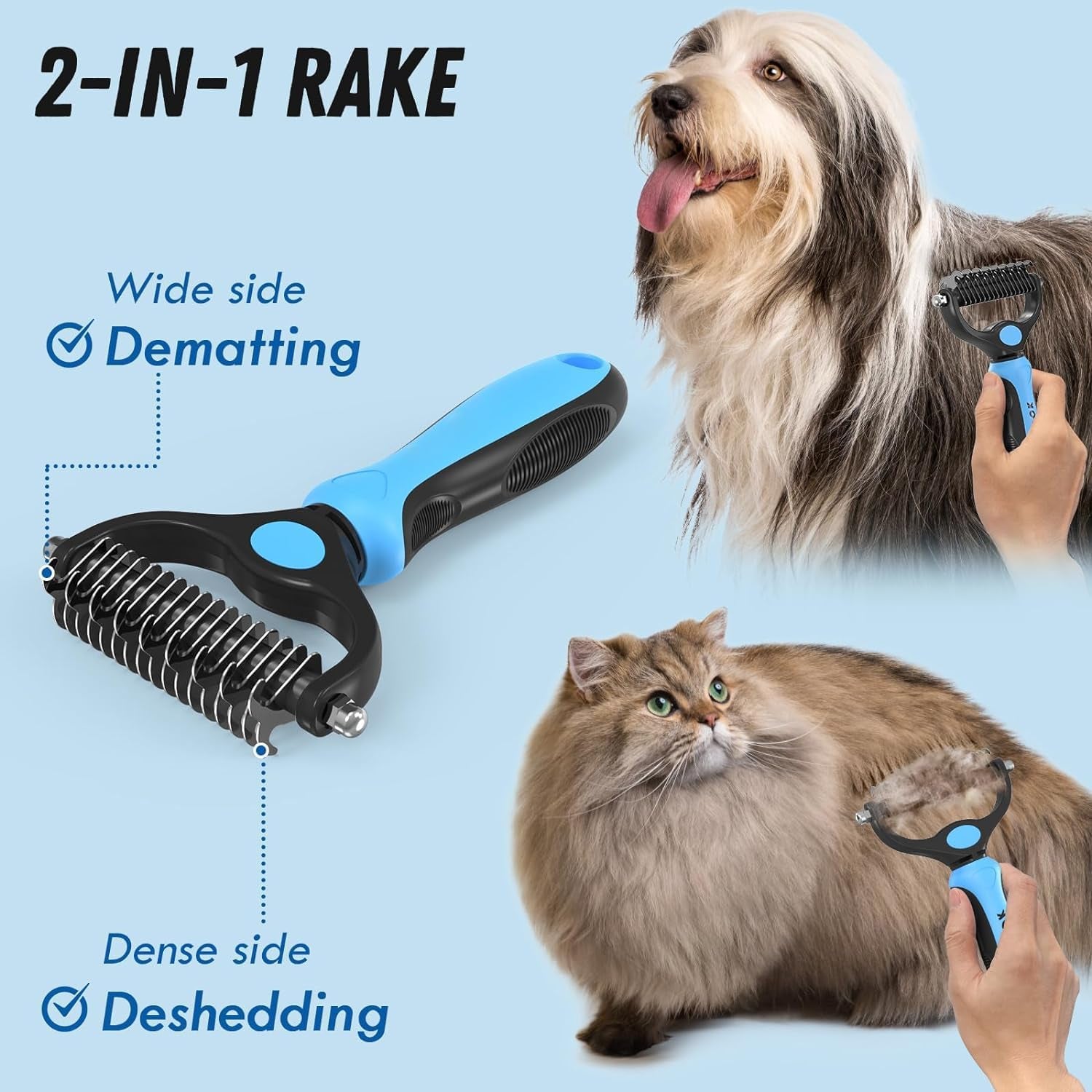 Pet Grooming Combo - Blue Deshedding Brush with Metal Comb for Detangling and Dematting Long, Matted Fur on Cats and Dogs