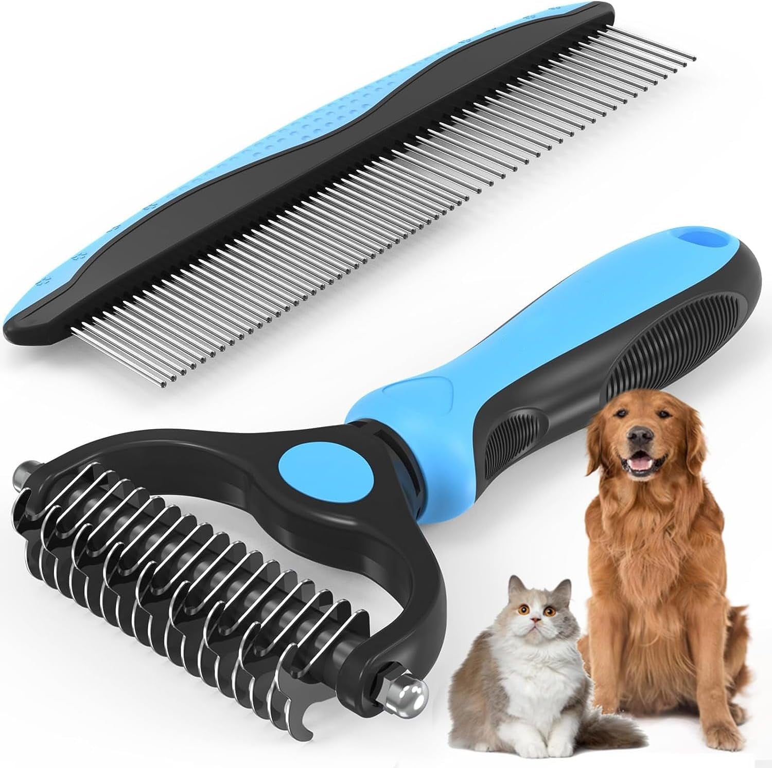 Pet Grooming Combo - Blue Deshedding Brush with Metal Comb for Detangling and Dematting Long, Matted Fur on Cats and Dogs