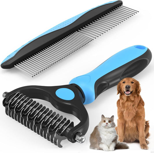 Pet Grooming Combo - Blue Deshedding Brush with Metal Comb for Detangling and Dematting Long, Matted Fur on Cats and Dogs